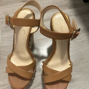 Jessica Simpson Tan Wedge Sandals with Crossed Straps